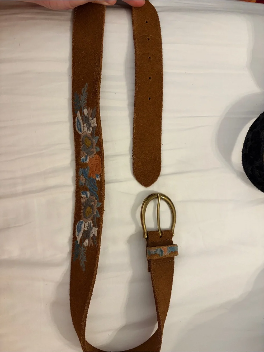 Lucky Brand Embroidered Suede Brown Women’s Belt with Brass Buckle
